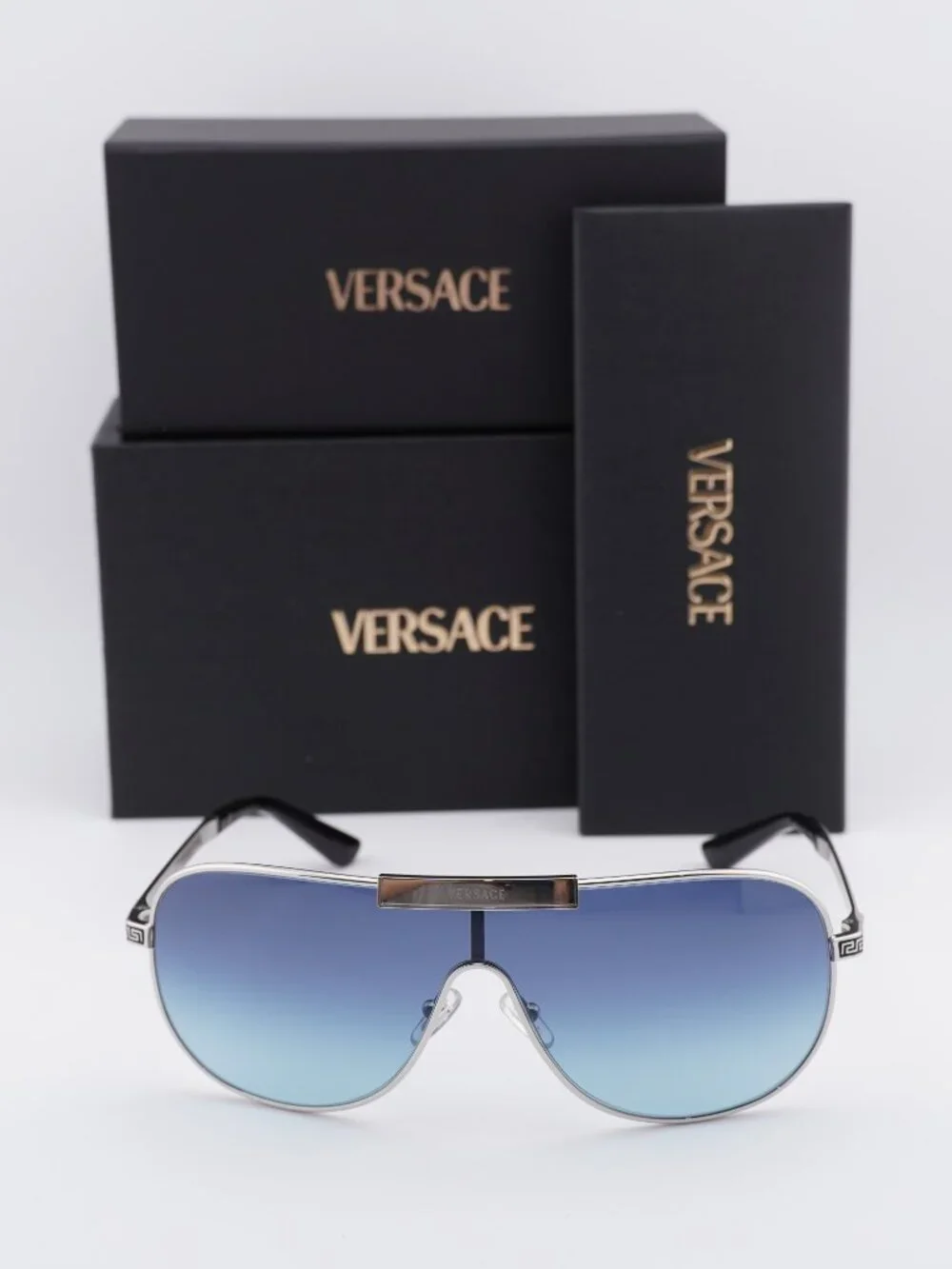 Versace VE2293 100019 Shield Sunglasses – Silver / Blue